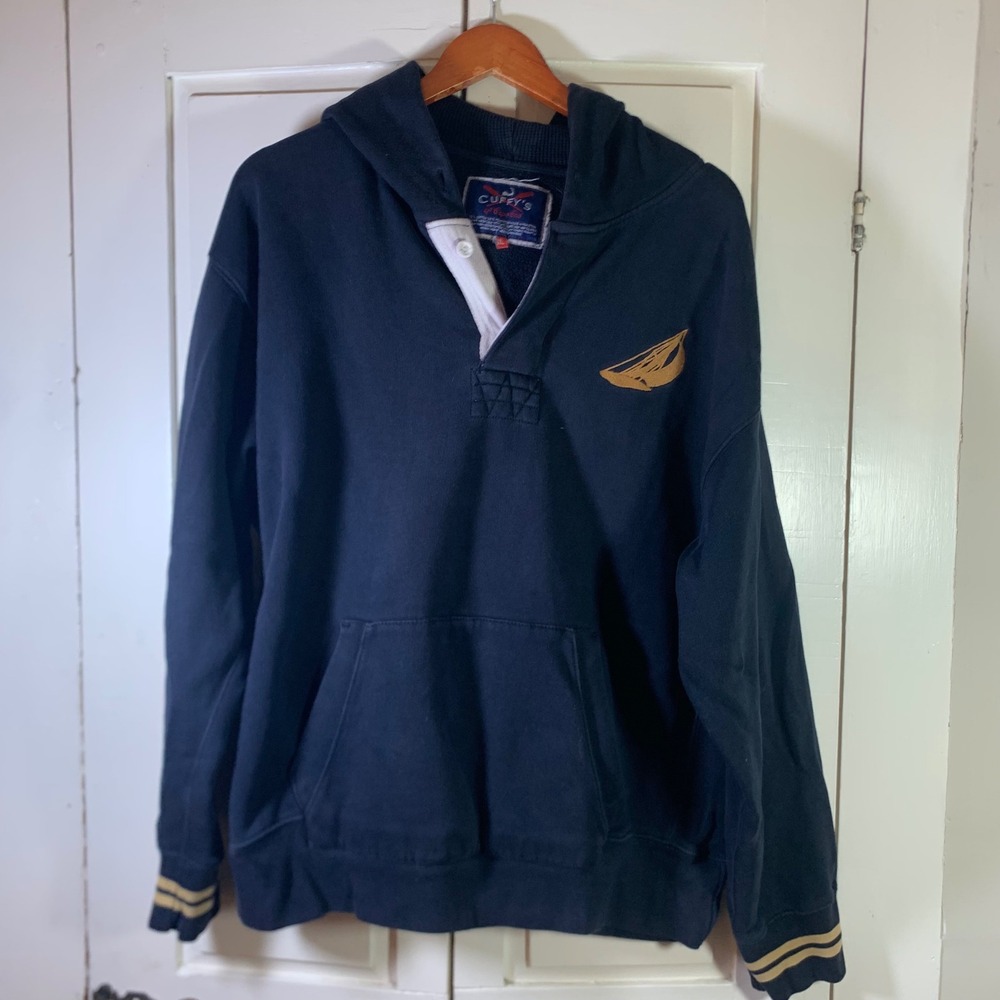 Cuffy's of Cape Cod Mens XL Navy Blue Rugby Hoodie Sailboat Embroidery Nautical